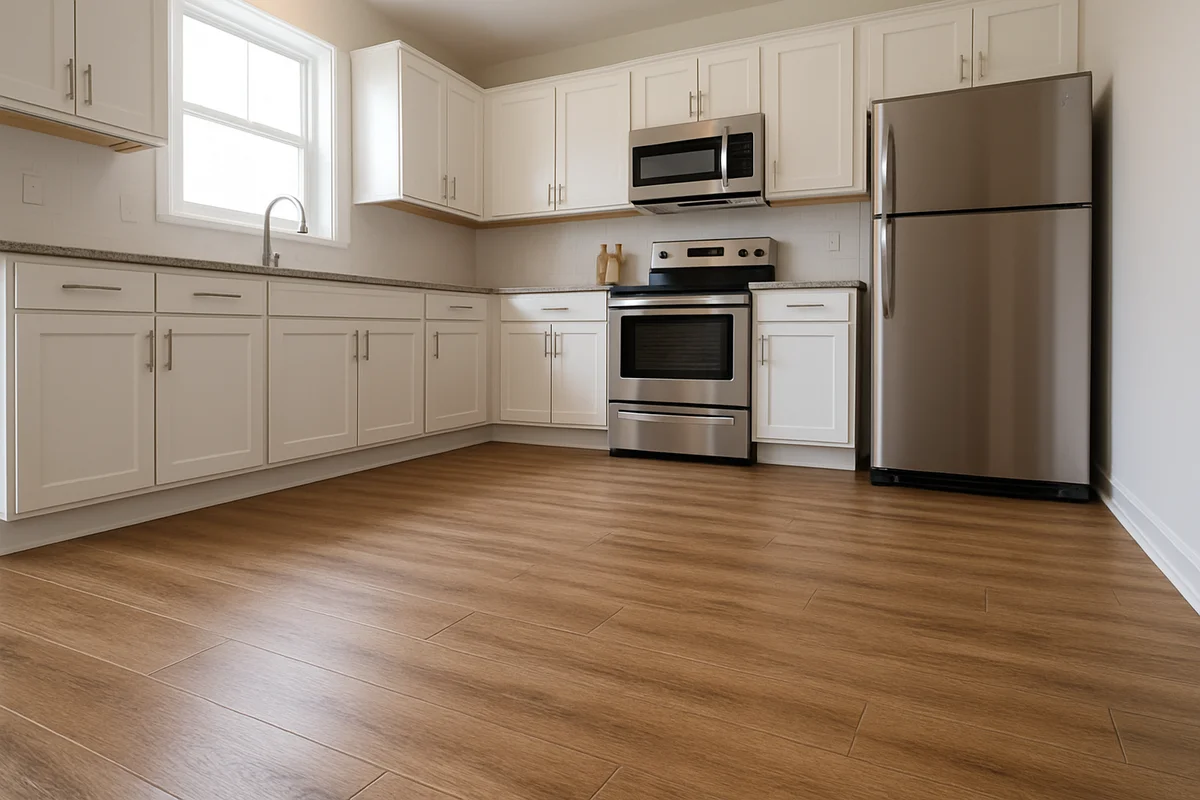 Waterproof luxury vinyl plank flooring in rental apartment kitchen - spill-resistant for Metro Detroit landlords