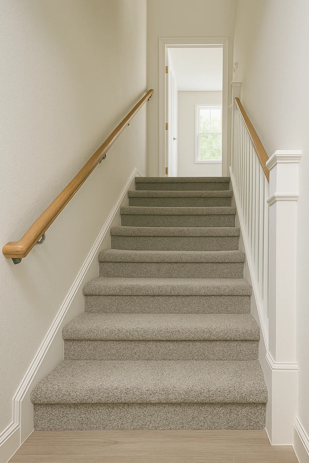 Freshly carpeted staircase installed by Metro Detroit Carpet with carpet wrapped tight around each stair nosing