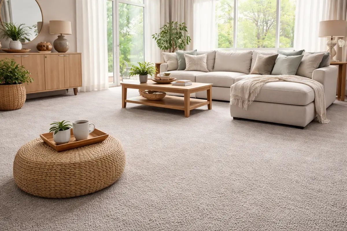 Professional carpet installation team stretching and fitting new carpet in Metro Detroit living room