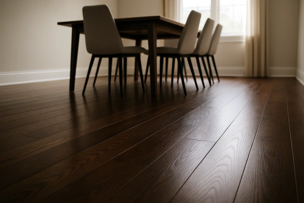 Elegant dining room featuring professionally refinished hardwood floors with rich wood grain in Metro Detroit