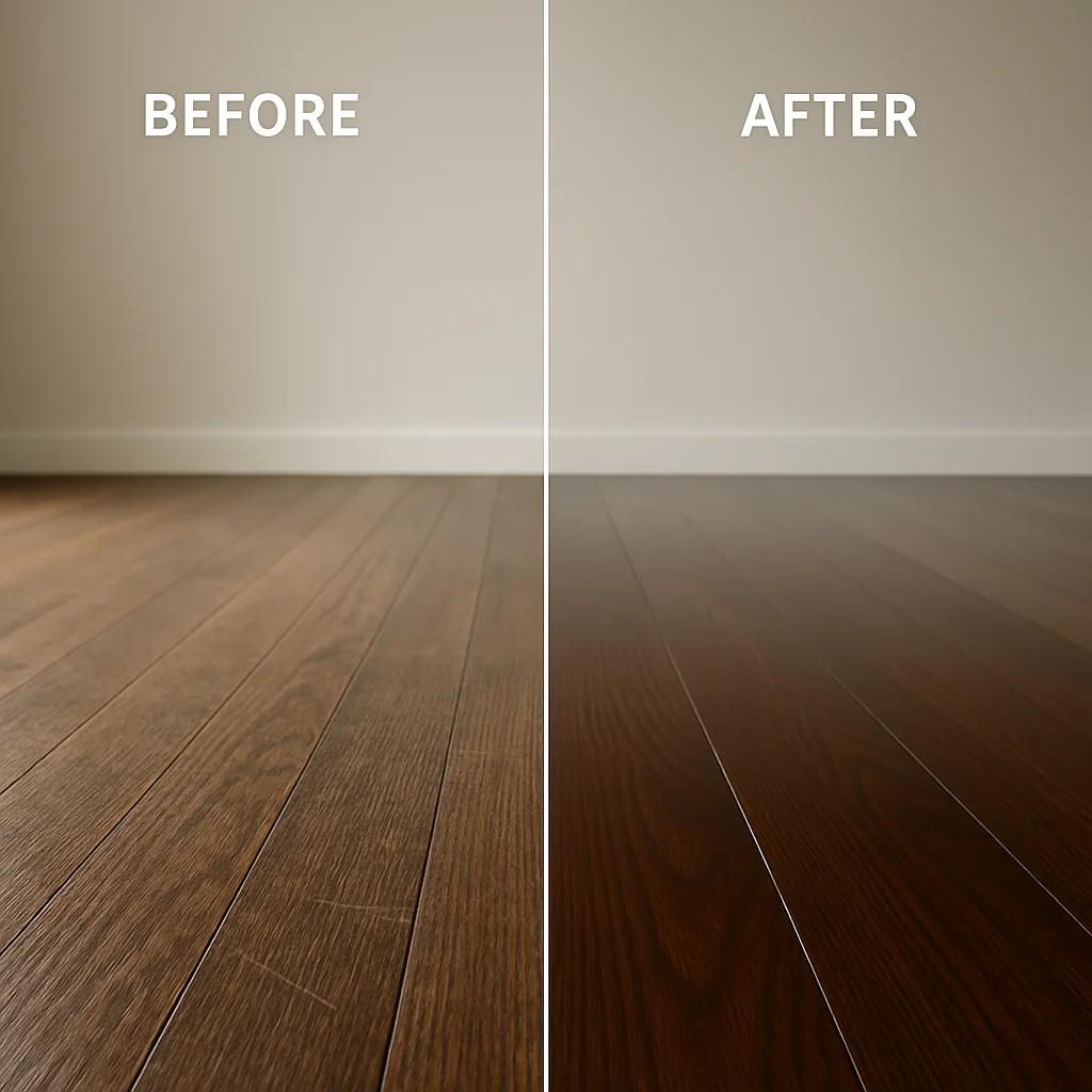 Before and after hardwood floor refinishing transformation in a Metro Detroit home